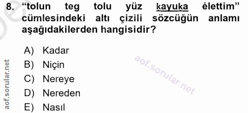 8. soru: "tolun teg tolu yüz kayuka élettim" cümlesindeki altı çizili sözcüğün anlamı aşağıdakilerden hangisidir? A) Kadar B)…