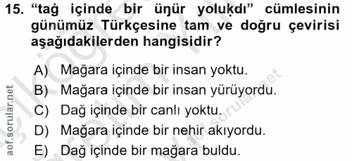 15. soru: "tag içinde bir ünür yolukdı" cümlesinin günümüz Türkçesine tam ve doğru çevirisi aşağıdakilerden hangisidir? A) Mağa…