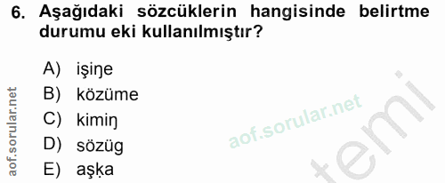 6. soru: Aşağıdaki sözcüklerin hangisinde belirtme durumu eki kullanılmıştır? A) işine B) közüme C) kimin D) sözüg E) aşka