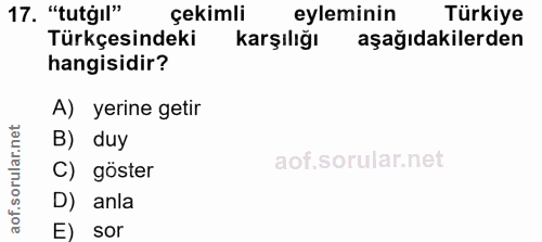 17. soru: "tutğıl" çekimli eyleminin Türkiye Türkçesindeki karşılığı aşağıdakilerden hangisidir? A) yerine getir B) duy C) göst…