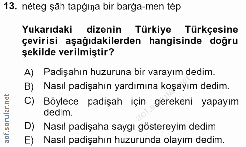 13. soru: néteg şäh tapğlya bir barga-men tep Yukarıdaki dizenin Türkiye Türkçesine çevirisi aşağıdakilerden hangisinde doğru ş…