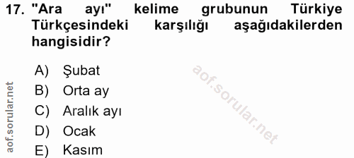 17. soru: "Ara ayı" kelime grubunun Türkiye Türkçesindeki karşılığı aşağıdakilerden hangisidir? A) Şubat B) Orta ay C) Aralık a…