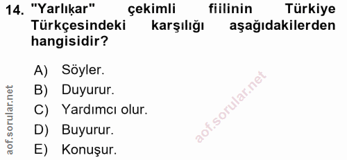 14. soru: "Yarlıkar" çekimli fillinin Türkiye Türkçesindeki karşılığı aşağıdakilerden hangisidir? A) Söyler. B) Duyurur. C) Yar…