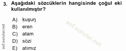 3. soru: Aşağıdaki sözcüklerin hangisinde çoğul eki kullanılmıştır? A) kuşun eren C) atam D) sözi E) atımız