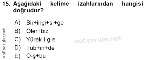 15. soru: Aşağıdaki kelime izahlarından hangisi doğrudur? A) Birtinçi+si+ge B) Öler+biz C) Yürek-i-g-e D) Tüb+in+de E) O-ş+bu