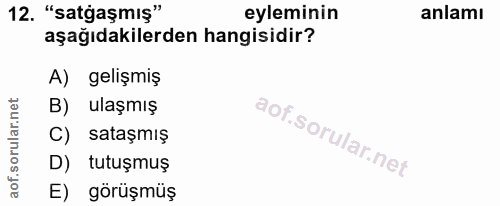 12. soru: "sataşmış" eyleminin anlamı aşağıdakilerden hangisidir? A) gelişmiş B) ulaşmış rula C) sataşmış D) tutuşmuş aof. E) g…