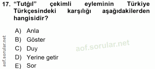 17. soru: "Tutgıl" çekimli eyleminin Türkiye Türkçesindeki karşılığı aşağıdakilerden hangisidir? A) Anla B) Göster C) Duy D) Ye…