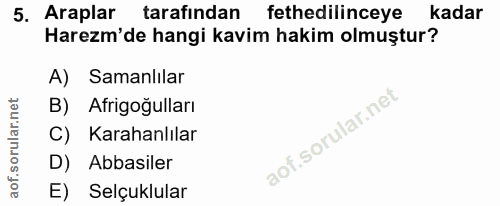 5. soru: Araplar tarafından fethedilinceye kadar Harem'de hangi kavim hakim olmuştur? A) Samanlılar B) . Afrigoğulları C) Kara…