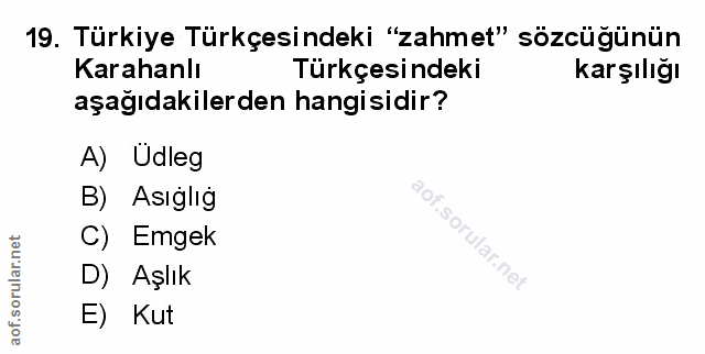 19. soru: Türkiye Türkçesindeki "zahmet" sözcüğünün Karahanlı Türkçesindeki karşılığı aşağıdakilerden hangisidir? A) Udleg B) A…
