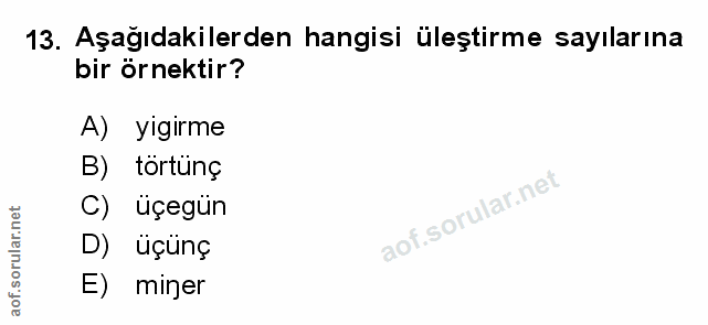 13. soru: Aşağıdakilerden hangisi üleştirme sayılarına bir örnektir? A) yigirme B) tortunç C) üçegün D) üçünç miner