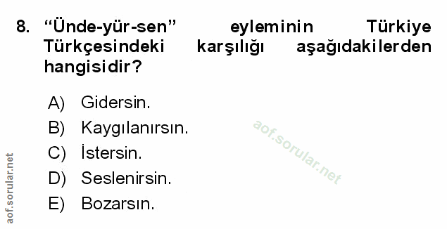 8. soru: "Ünde-yür-sen" eyleminin Türkiye Türkçesindeki karşılığı aşağıdakilerden hangisidir? A) Gidersin. B) Kaygılanırsın. C…