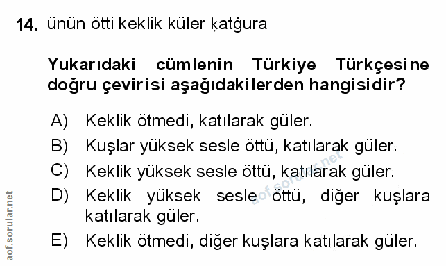 14. soru: ünün ötti keklik küler katgura Yukarıdaki cümlenin Türkiye Türkçesine doğru çevirisi aşağıdakilerden hangisidir? A) K…