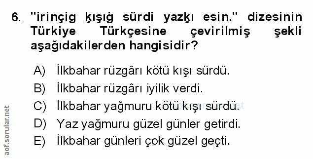 6. soru: "irinçig kışığ sürdi yazkı esin." dizesinin Türkiye Türkçesine çevirilmiş şekli aşağıdakilerden hangisidir? A) Ilkbah…