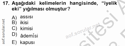17. soru: Aşağıdaki kelimelerin hangisinde, "iyelik eki" yığılması olmuştur? A) assısı B) ikisi C) kimisi moronung si D) âdemis…