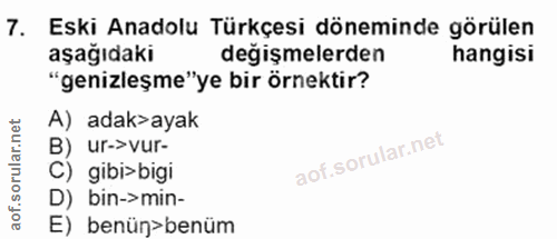 7. soru: Eski Anadolu Türkçesi döneminde görülen aşağıdaki degişmelerden hangisi "genizleşme"ye bir örnektir? A) adak>ayak B)…
