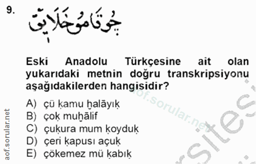 9. soru: Eski Anadolu Türkçesine ait olan yukarıdaki metnin doğru transkripsiyonu aşağıdakilerden hangisidir? A) çü kamu haläy…