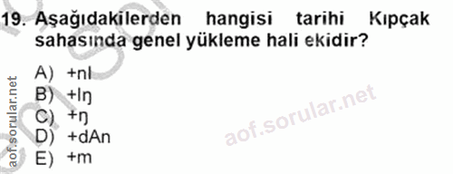 19. soru: Aşağıdakilerden hangisi tarihi Kıpçak sahasında genel yükleme hali ekidir? A) +nl B) +In C). +n D) +dAn E) +m