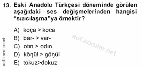 13. soru: Eski Anadolu Türkçesi döneminde görülen aşağıdaki ses değişmelerinden hangisi "Sızıcılaşma"ya örnektir? A) koça > koc…