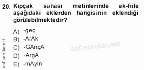 20. soru: Kıpçak sahası metinlerinde ek-fiile aşağıdaki eklerden hangisinin eklendiği görülebilmektedir? A) -geç rular.net B) -…