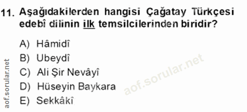 11. soru: Aşağıdakilerden hangisi Çağatay Türkçesi edebi dilinin ilk temsilcilerinden biridir? A) Hamidi B) Ubeydi C) Ali Şir N…
