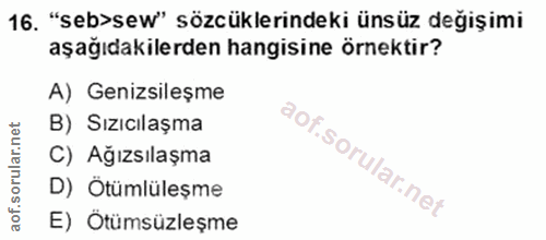 16. soru: "seb>sew" sözcüklerindeki ünsüz değişimi aşağıdakilerden hangisine örnektir? A) Genizsileşme B) Sızıcılaşma C) Ağızsı…
