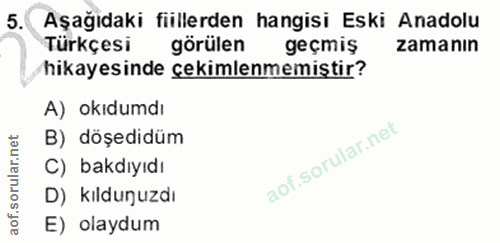 5. soru: Aşağıdaki fiillerden hangisi Eski Anadolu Türkçesi görülen geçmiş zamanın hikayesinde çekimlenmemiştir? A) okıdumdı B…