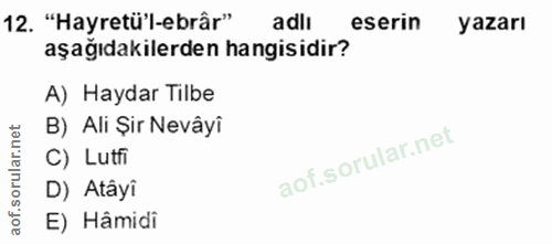 12. soru: "Hayretü'l-ebrâr" adlı eserin yazarı aşağıdakilerden hangisidir? A) Haydar Tilbe B) Ali Şir Nevâyî C) Lutfi D) Atâyi…