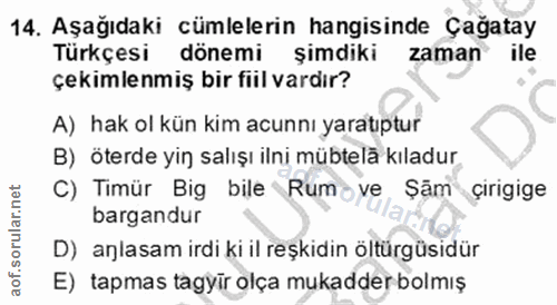14. soru: Aşağıdaki cümlelerin hangisinde Çağatay Türkçesi dönemi şimdiki zaman ile çekimlenmiş bir fiil vardır? A) hak ol kün…