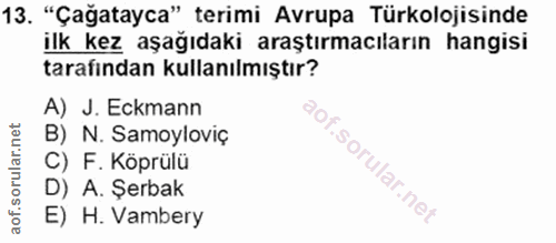 13. soru: "Çağatayca" terimi Avrupa Türkolojisinde ilk kez aşağıdaki araştırmacıların hangisi tarafından kullanılmıştır? A) J.…