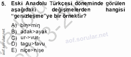 5. soru: Eski Anadolu Türkçesi döneminde görülen aşağıdaki degişmelerden hangisi "genizleşme"ye bir örnektir? A) bin>min B) _a…