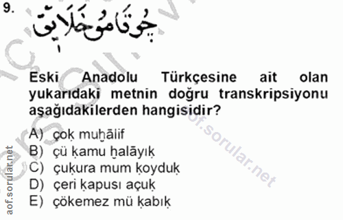 9. soru: جُوقَا مُو خَلَايَق Eski Anadolu Türkçesine ait olan yukarıdaki metnin doğru transkripsiyonu aşağıdakilerden hangisid…