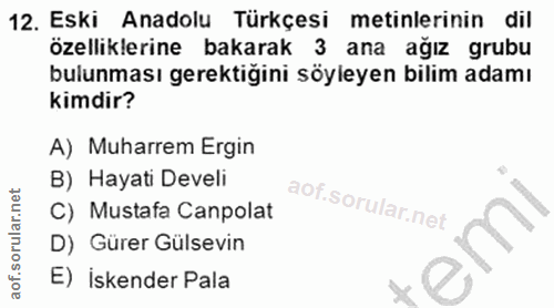 12. soru: Eski Anadolu Türkçesi metinlerinin dil özelliklerine bakarak 3 ana ağız grubu bulunması gerektiğini söyleyen bilim ad…