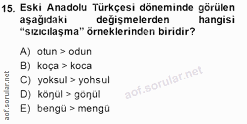 15. soru: Eski Anadolu Türkçesi döneminde görülen aşağıdaki değişmelerden hangisi "sızıcılaşma" örneklerinden biridir? A) otun…