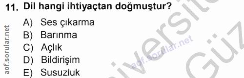 11. soru: Dil hangi ihtiyaçtan doğmuştur? A) Ses çıkarma B) Barınma C) Açlık D) Bildirişim E) Susuzluk