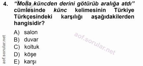 4. soru: "Molla küncden derini götürüb aralığa atdı" cümlesinde künc kelimesinin Türkiye Türkçesindeki karşılığı aşağıdakilerd…
