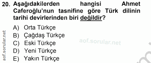 20. soru: Aşağıdakilerden hangisi Ahmet Caferoğlu'nun tasnifine göre Türk dilinin tarihi devirlerinden biri değildir? A) Orta T…
