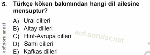 5. soru: Türkçe köken bakımından hangi dil ailesine mensuptur? A) Ural dilleri B) Altay dilleri C) Hint-Avrupa dilleri D) Sami…