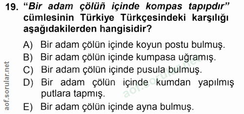 19. soru: "Bir adam çölüñ içinde kompas tapıpdır" cümlesinin Türkiye Türkçesindeki karşılığı aşağıdakilerden hangisidir? A) Bir…