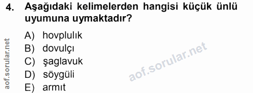 4. soru: Aşağıdaki kelimelerden hangisi küçük ünlü uyumuna uymaktadır? A) hovplulık B) dovulçı C) şaglavuk D) söygüli E) armıt