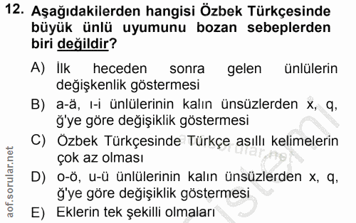 12. soru: Aşağıdakilerden hangisi Özbek Türkçesinde büyük ünlü uyumunu bozan sebeplerden biri değildir? A) İlk heceden sonra ge…