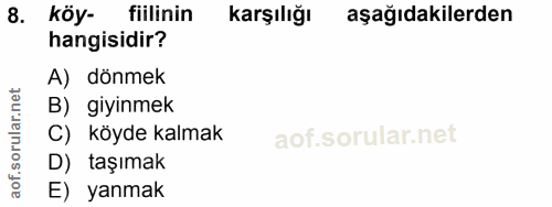 8. soru: fiilinin karşılığı aşağıdakilerden hangisidir? A) dönmek B) giyinmek C) köyde kalmak D) taşımak E) yanmak
