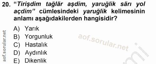 20. soru: "Tirişdim tağlär aşdim, yaruğlik särı yol açdim" cümlesindeki yaruğlik kelimesinin anlamı aşağıdakilerden hangisidir?…