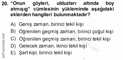 20. soru: "Onun göyleri, ulduzları altinda boy atmışıg" cümlesinin yükleminde aşağıdaki eklerden hangileri bulunmaktadır? A) Ge…