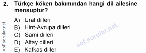 2. soru: Türkçe köken bakımından hangi dil ailesine mensuptur? A) Ural dilleri B) _Hint-Avrupa dilleri C) Sami dilleri D) Alta…