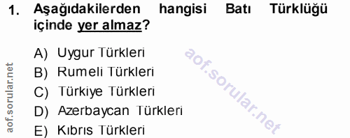 1. soru: Aşağıdakilerden hangisi Batı Türklüğü içinde yer almaz? A) Uygur Türkleri B) Rumeli Türkleri C) Türkiye Türklerı D) A…