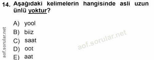 14. soru: Aşağıdaki kelimelerin hangisinde asli uzun ünlü yoktur? A) yool B) biiz C) saat D) oot E) aat
