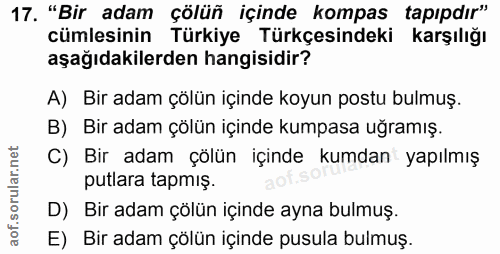 17. soru: "Bir adam çölüñ içinde kompas tapıpdır" cümlesinin Türkiye Türkçesindeki karşılığı aşağıdakilerden hangisidir? A) Bir…
