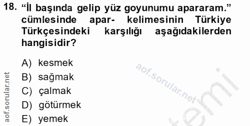 18. soru: "Il başında gelip yüz goyunumu apararam." cümlesinde apar- kelimesinin Türkiye Türkçesindeki karşılığı aşağıdakilerde…