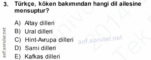 3. soru: Türkçe, köken bakımından hangi dil ailesine mensuptur? A) Altay dilleri B) Ural dilleri C) Hint-Avrupa dilleri D) Sam…