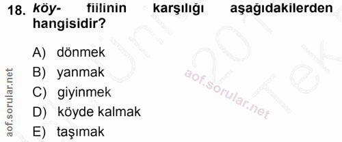 18. soru: Köy- fiilinin karşılığı aşağıdakilerden hangisidir? A) dönmek B) yanmak C) giyinmek D) köyde kalmak E) taşımak